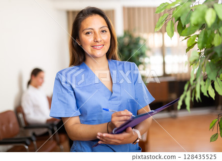Portrait of friendly female doctor wearing uniform 128435525