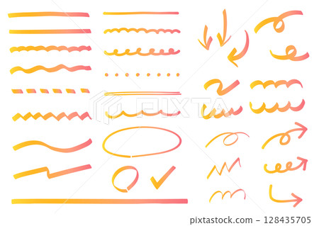 黃色和粉紅色漸變標記線和各種粗細的塗鴉 128435705