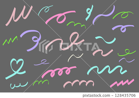 用標記繪製的各種螺旋線和波浪形彩色線條 128435706