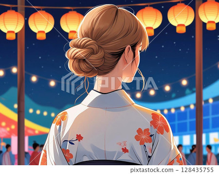 The back view of a beautiful woman in a yukata and the night of a summer festival 128435755