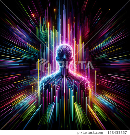 Vibrant Human Silhouette in Digital Data Flow 128435867