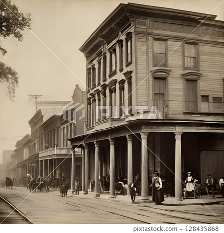 Bustling 19th-Century American Town Street Scene 128435868