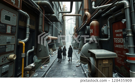 Dystopian Industrial Cyberpunk Alleyway Scene 128435909
