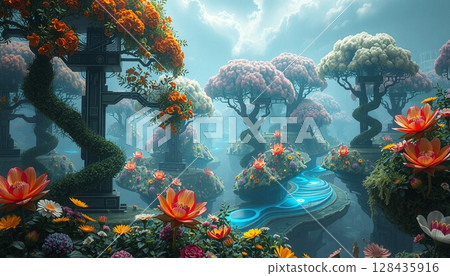 Futuristic Floating Botanical Paradise 128435916