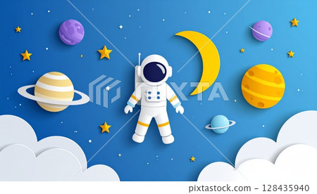 A charming vector illustration of a cartoon UFO gracefully flying through the night sky, adorned with stars and a crescent moon, capturing the wonder of space for a child 128435940