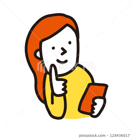 Illustration of a woman thinking while looking at her smartphone screen Illustration of a woman thinking while looking at her smartphone screen 128436017