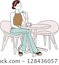 Illustration of a woman in summer casual fashion relaxing at a cafe 128436057