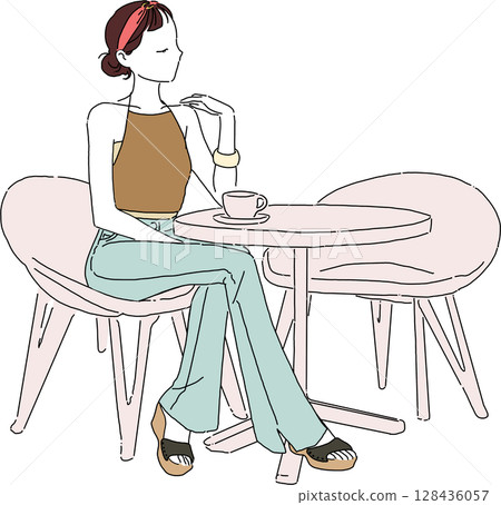一位身著夏季休閒時尚服裝的女士在咖啡館放鬆的插圖 128436057