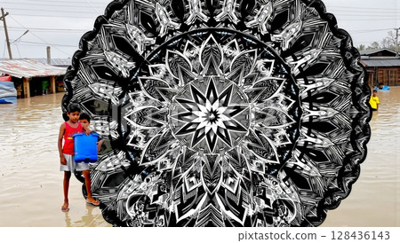 Contrasting Flood and Mandala Art 128436143