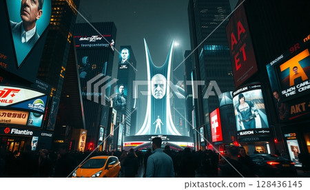 Futuristic cityscape with billboards 128436145