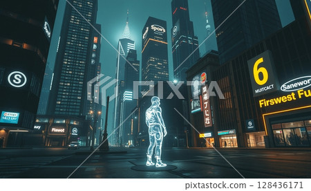 Neon Figure in Futuristic City 128436171