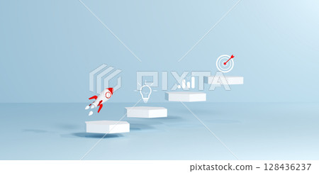 Rocket launches from hexagonal ladder to icon, representing concept, growth, and goals, symbolizing startup success, business development, strategic planning, innovation, and achieving ambitious goals 128436237