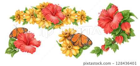 Summer arrangement set of monarch butterfly and hibiscus flower. Hand drawn watercolor floral artwork for tropical holiday theme decoration. Bright vivid and colorful seasonal card or print template. 128436401