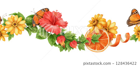 Seamless border with butterfly flower and tropical fruit in vibrant summer theme. Hand drawn watercolor in red green and orange tones. Perfect for card design holiday nature and exotic vacation vibe. 128436422