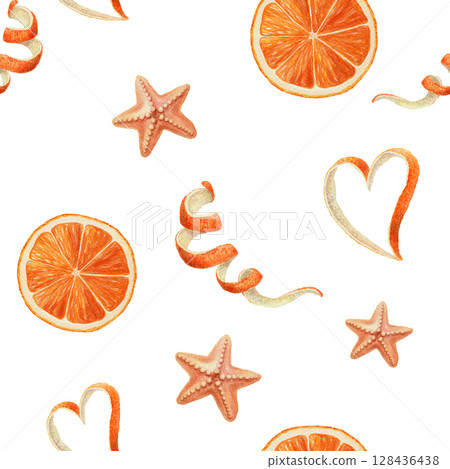 Orange slice with heart shaped peel and starfish seamless pattern. Watercolor summer illustration on white background. Ideal for fabric or wallpaper print design and tropical decorative concept. Orange slice with heart shaped peel and starfish seamless pattern. Watercolor summer illustration on white background. Ideal for fabric or wallpaper print design and tropical decorative concept. 128436438