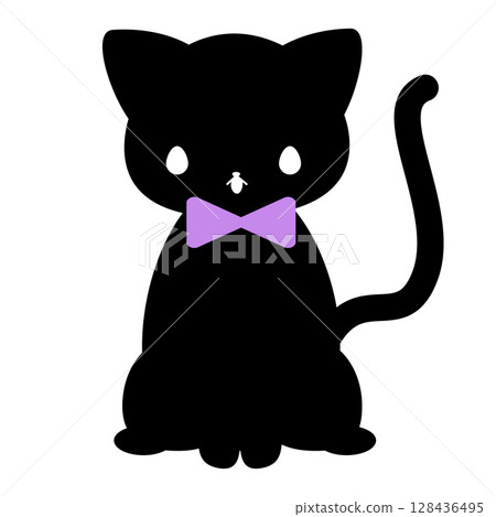 Cute black cat illustration sitting with ribbon 128436495