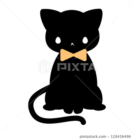 Cute black cat illustration sitting with ribbon 128436496