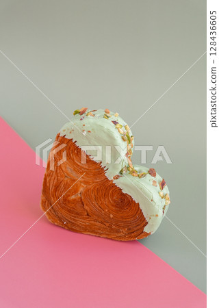 Two colored greeting card Valentine's Day Delicious fresh variety croissants topped with colorful flavor Ganache. Creation unique heart shape bakery. Puff pastry holiday love gift present idea 128436605