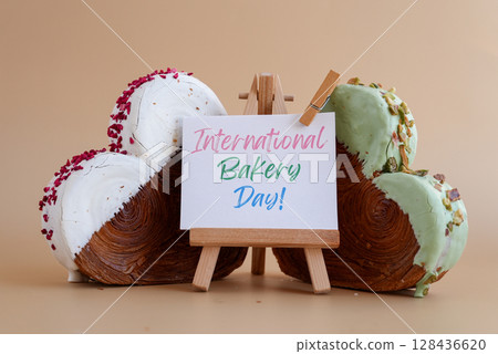 International bakery day saying caption on greeting card Delightful heartshaped pastry croissant treat, beautifully topped with colorful frosting galore. Copy space. Food experimentation viral dessert International bakery day saying caption on greeting card Delightful heartshaped pastry croissant treat, beautifully topped with colorful frosting galore. Copy space. Food experimentation viral dessert 128436620