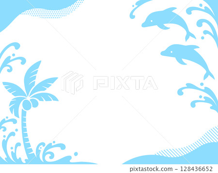 淺藍色的海豚、波浪和棕櫚樹剪影框架 128436652