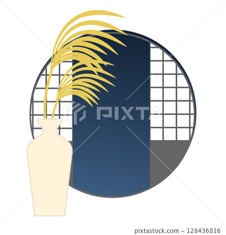 Japanese-style illustration of autumn night sky, shoji screen and Japanese silver grass Japanese-style illustration of autumn night sky, shoji screen and Japanese silver grass 128436816