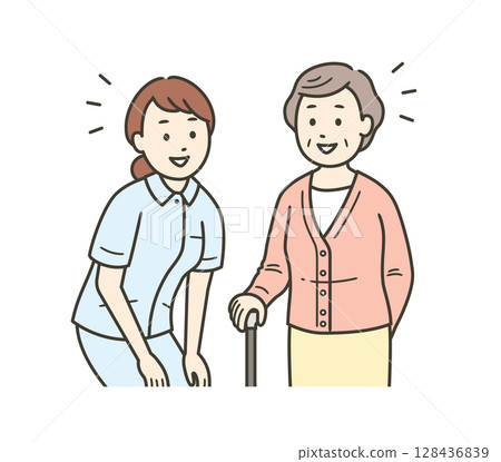 Upper body illustration of an elderly woman and a female nurse looking at each other and smiling while having a conversation Upper body illustration of an elderly woman and a female nurse looking at each other and smiling while having a conversation 128436839