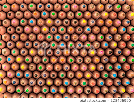 Colorful Close-Up of Assorted Pencil Tips Arranged in a Hexagonal Pattern 128436990