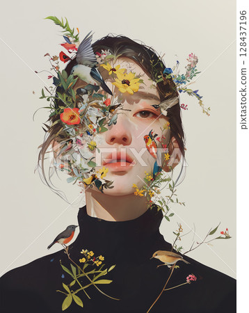 Collage art of young asian woman and natural objects 128437196