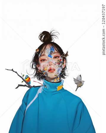 Collage art of young asian woman and natural objects 128437197