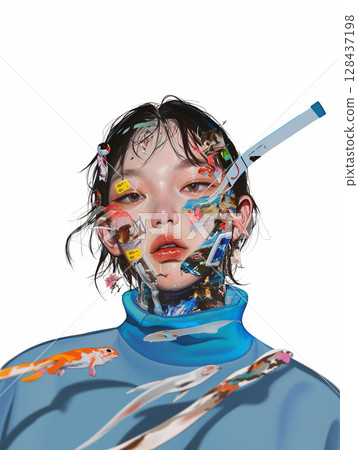 亞洲年輕女性與自然物件的拼貼藝術 128437198