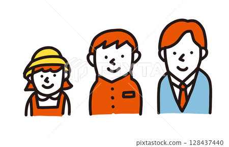 Illustration of three people: elementary school student, junior high school student, and high school student 128437440