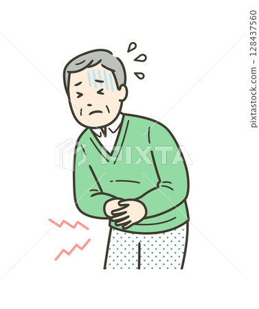 一位老人抱著胃、腹痛的上半身插圖 一位老人抱著胃、腹痛的上半身插圖 128437560