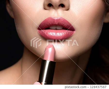 Woman's lips with pink lipstick 128437587