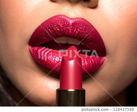 Woman's lips with red lipstick 128437589