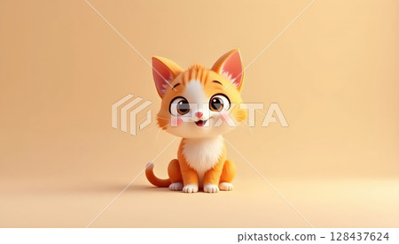 A small cartoon kitten character, calm and friendly expression 128437624