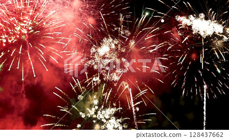 Red Firework celebrate anniversary happy new year 2024, 4th of july holiday festival. red firework in night time celebrate national holiday. Countdown to new year 2025 festival party time event 128437662