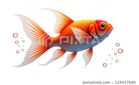 A vibrant blue and orange goldfish swimming in white background, hyper-realistic digital art 128437690