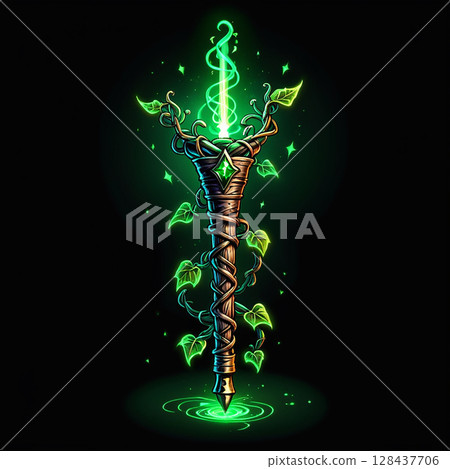Glowing magic staff entwined with vines and leaves radiating a mystical energy with a bright green aura illuminating the surrounding dark background. 128437706
