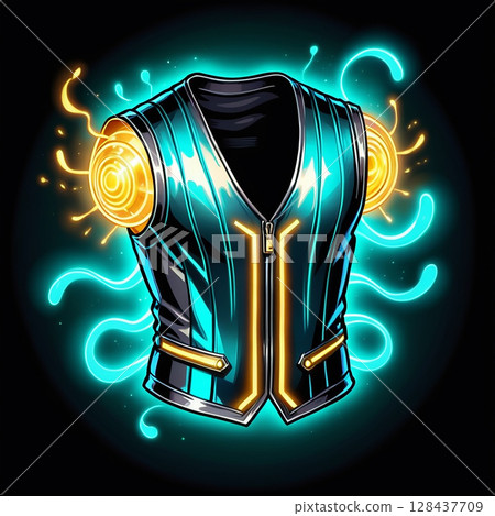 Brightly colored futuristic vest with glowing elements and a sleek design, illuminated against a dark background with swirling light effects and a vibrant aesthetic. 128437709
