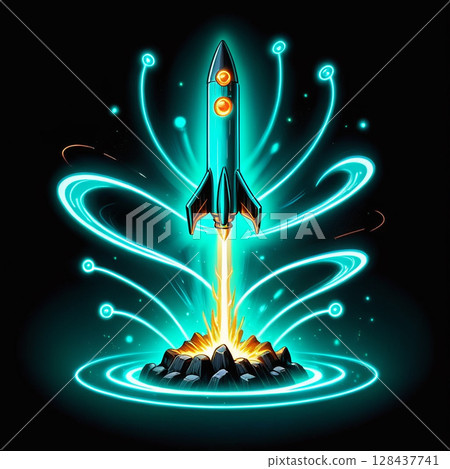 Rocket launching with glowing trails and vibrant energy bursts against a dark background, designed with futuristic elements and visual effects illustrating motion and power. 128437741