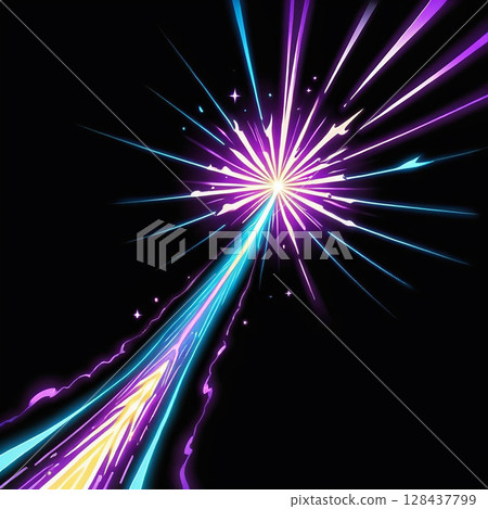 Vibrant burst of energy radiating outward with streaks of purple, blue, and yellow against a black backdrop creating a dynamic and captivating visual effect. 128437799