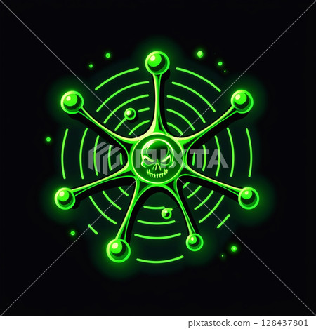 Glowing green toxic biohazard symbol with skull at center and radiating circles in a dark background, illustrating themes of danger, science, and chemical hazards in a visually striking design. Glowing green toxic biohazard symbol with skull at center and radiating circles in a dark background, illustrating themes of danger, science, and chemical hazards in a visually striking design. 128437801