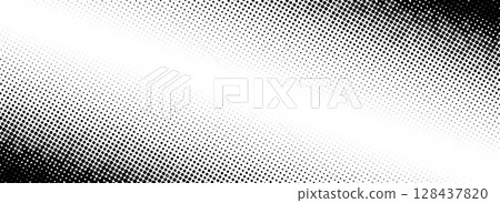 Grunge halftone gradient texture. Black pixel distress backdrop. Weathered grit noisy background. Damaged glitched print overlay. Fading gritty sandy wallpaper. Vector smudged corner halfton texture 128437820