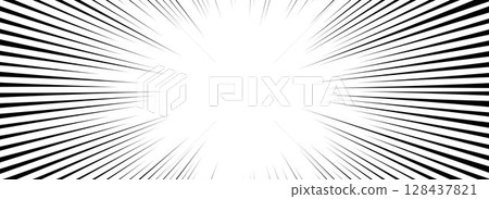 Comic speed line background. Cartoon book explosion effect. Black and white radial pattern frame. Pop art flash beams or rays. Manga or anime sun burst wallpaper. Vector superhero impact backdrop 128437821