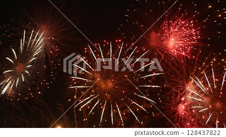 Red Firework celebrate anniversary happy new year 2024, 4th of july holiday festival. red firework in night time celebrate national holiday. Countdown to new year 2025 festival party time event 128437822
