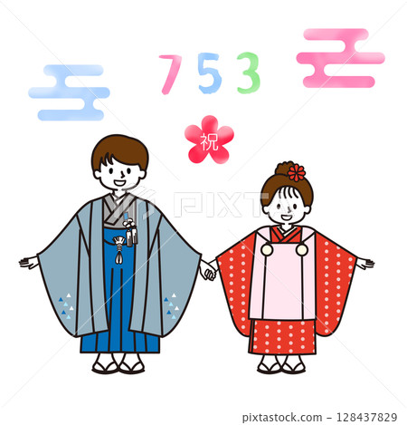 慶祝七五三節_身著和服的男孩和女孩 128437829