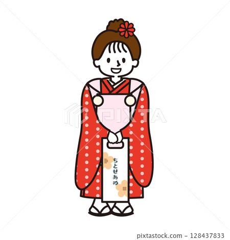 七五三_身穿和服，手拿糖果的女孩 128437833