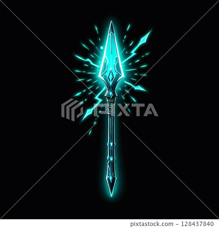 Ethereal blue spear glowing against a dark background with intricate designs and shimmering light effects radiating from its shaft, creating a captivating fantasy weapon motif. 128437840