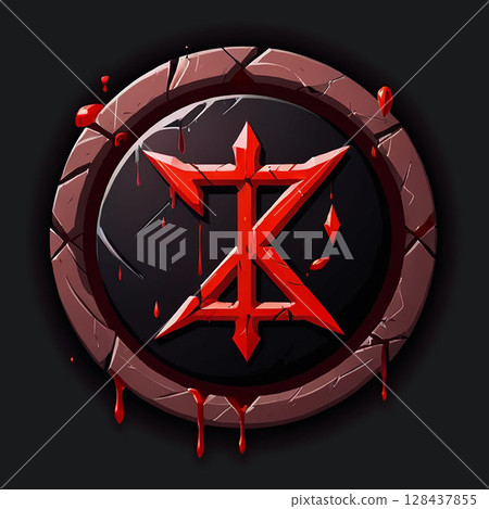 Crimson symbol surrounded by a dark circular stone with jagged edges and dripping blood, evoking a sense of mystery and danger within a fantasy or gaming context. Crimson symbol surrounded by a dark circular stone with jagged edges and dripping blood, evoking a sense of mystery and danger within a fantasy or gaming context. 128437855