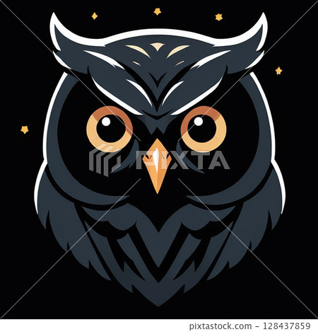 Stylized owl illustration with large eyes and prominent features, set against a black background with small stars creating a whimsical atmosphere. 128437859